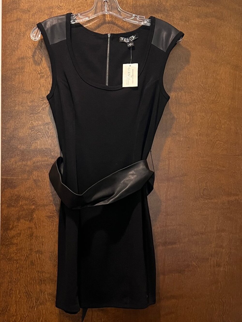 NWT Guess Los Angeles Little Black Dress Faux Leather Belt Scoop Bodycon Size M